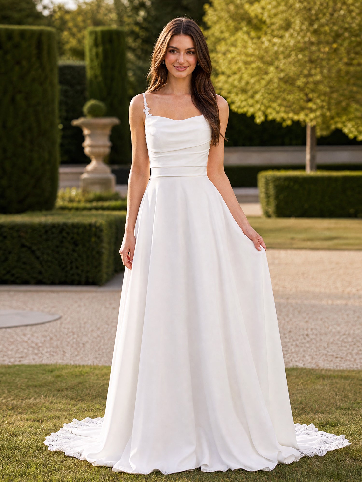 Elegant Cowl Neck Satin A-Line Wedding Dress with Spaghetti Straps and Sweep Train