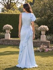 Asymmetrical Ruffle Sleeve Ruched Sheath Evening Gown with Front Slit