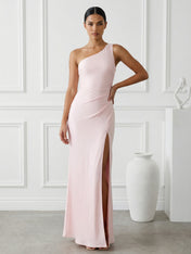 Pink One Shoulder Mermaid Maxi Dresses with Slit