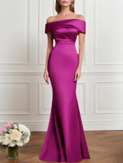 Formal Evening Dress Purple Satin Off The Shoulder Maxi Dress