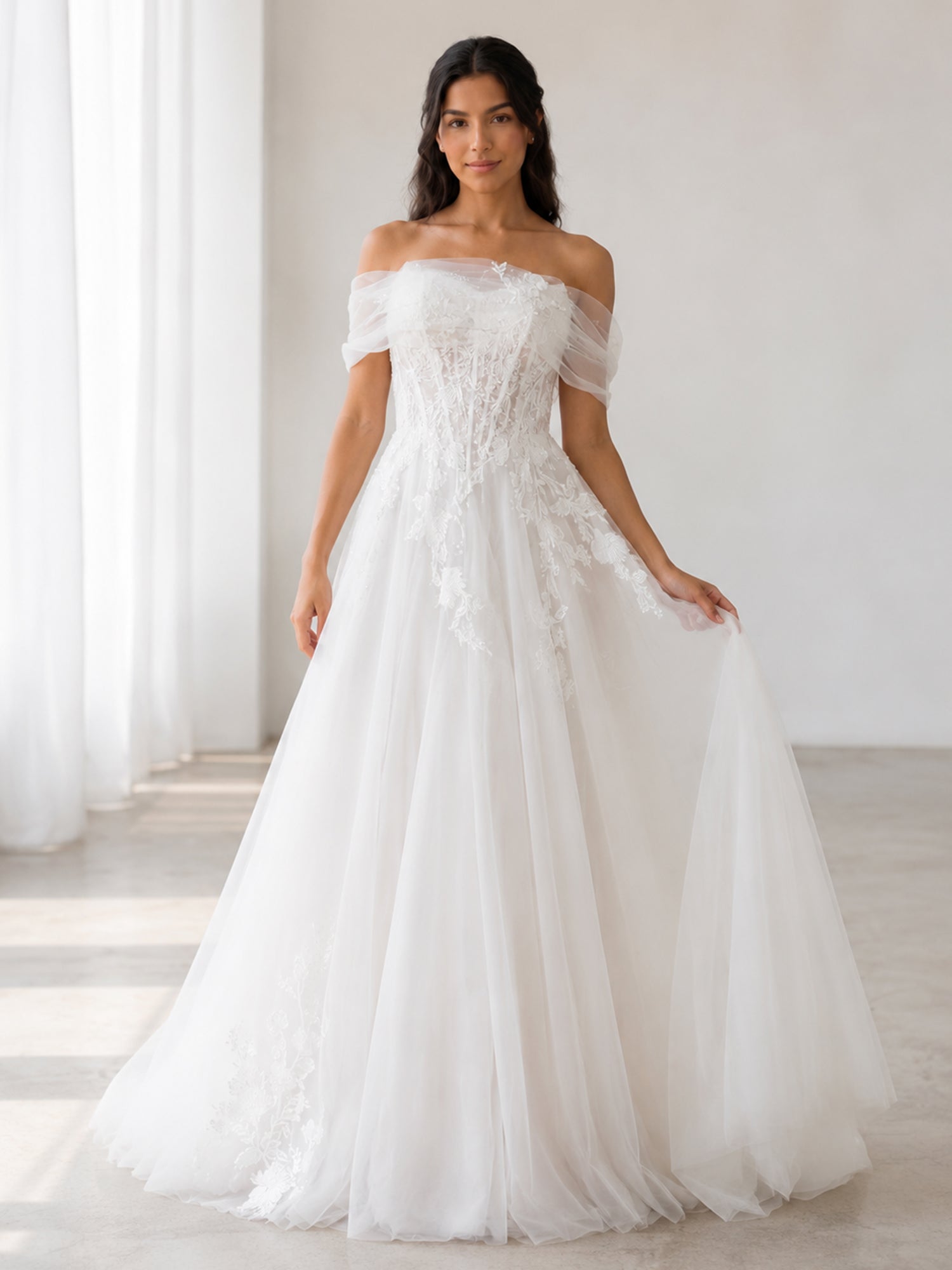 Elegant Off-the-Shoulder White Lace A-Line Wedding Dresses with Corset and Chapel Train