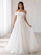 Elegant Off-the-Shoulder White Lace A-Line Wedding Dresses with Corset and Chapel Train