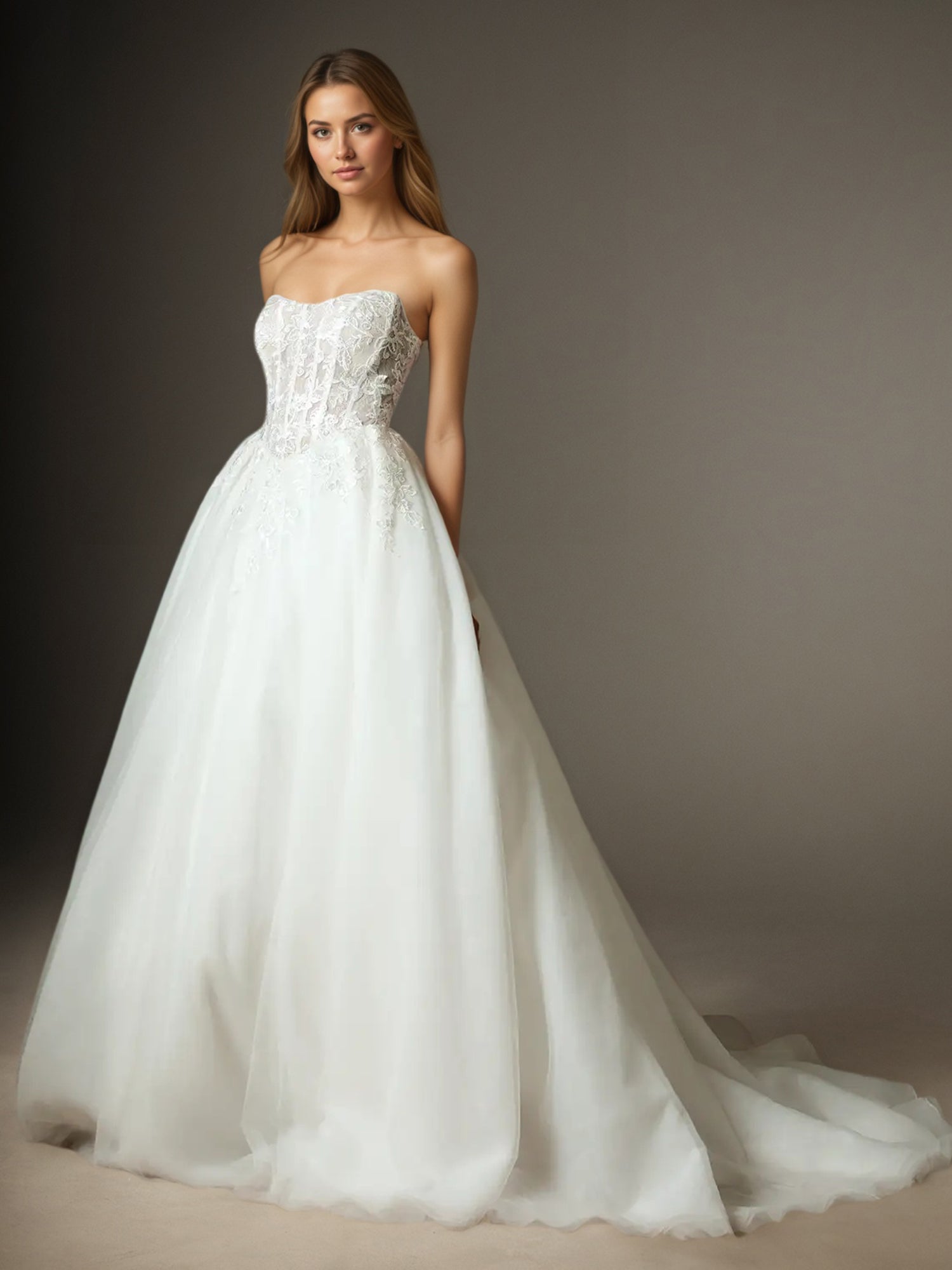 White Ball-Gown Strapless Lace Tulle Wedding Dress