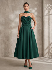 Choker-Neck 3D Floral Applique Strapless Midi A-Line Cocktail Dress with Pockets
