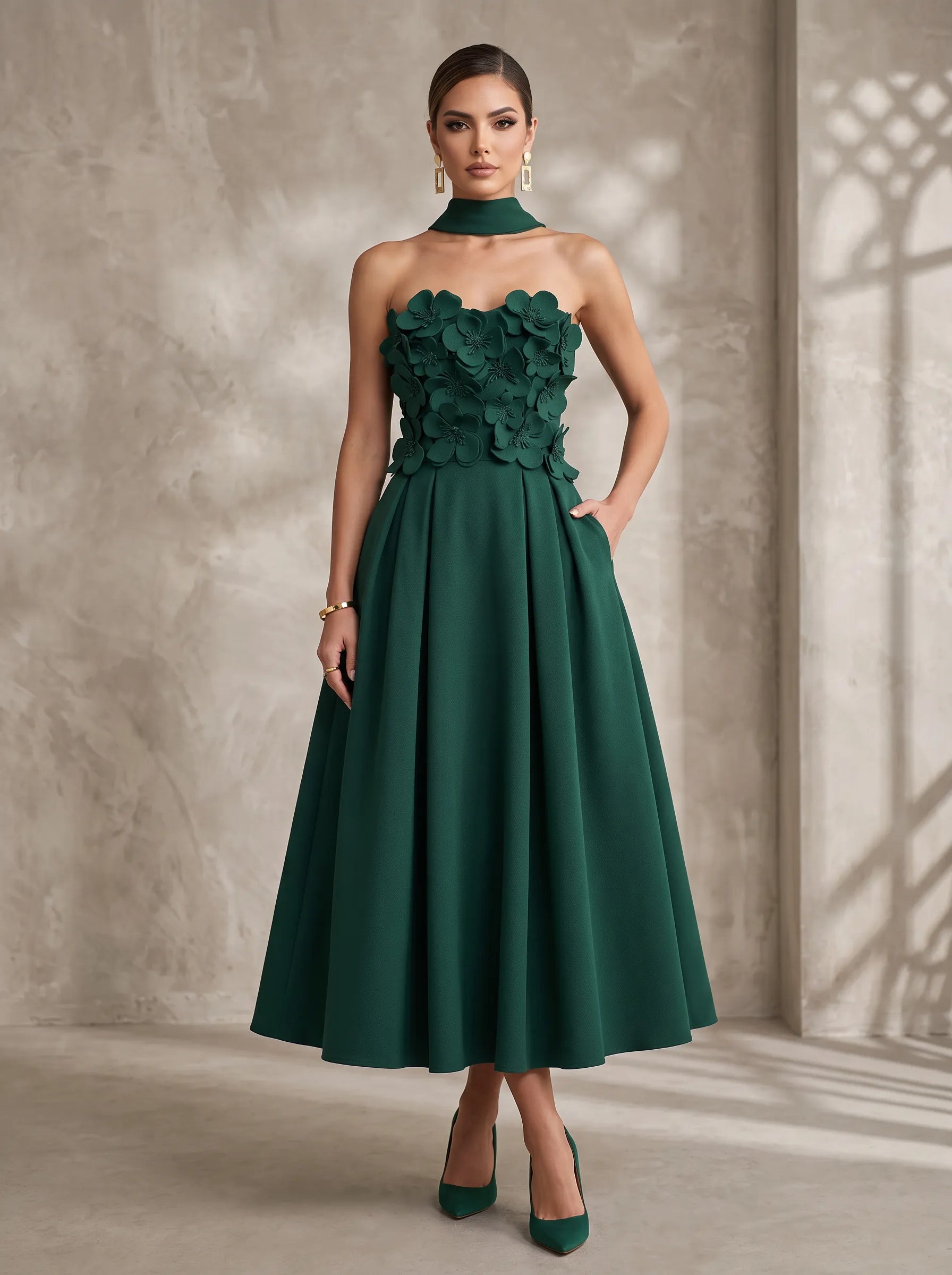 Choker-Neck 3D Floral Applique Strapless Midi A-Line Cocktail Dress with Pockets