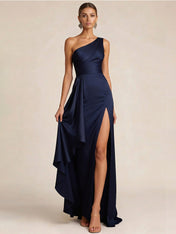 Sleek Foraml Evening Gown Midnight Navy One-Shoulder Satin Slit Maxi Dress