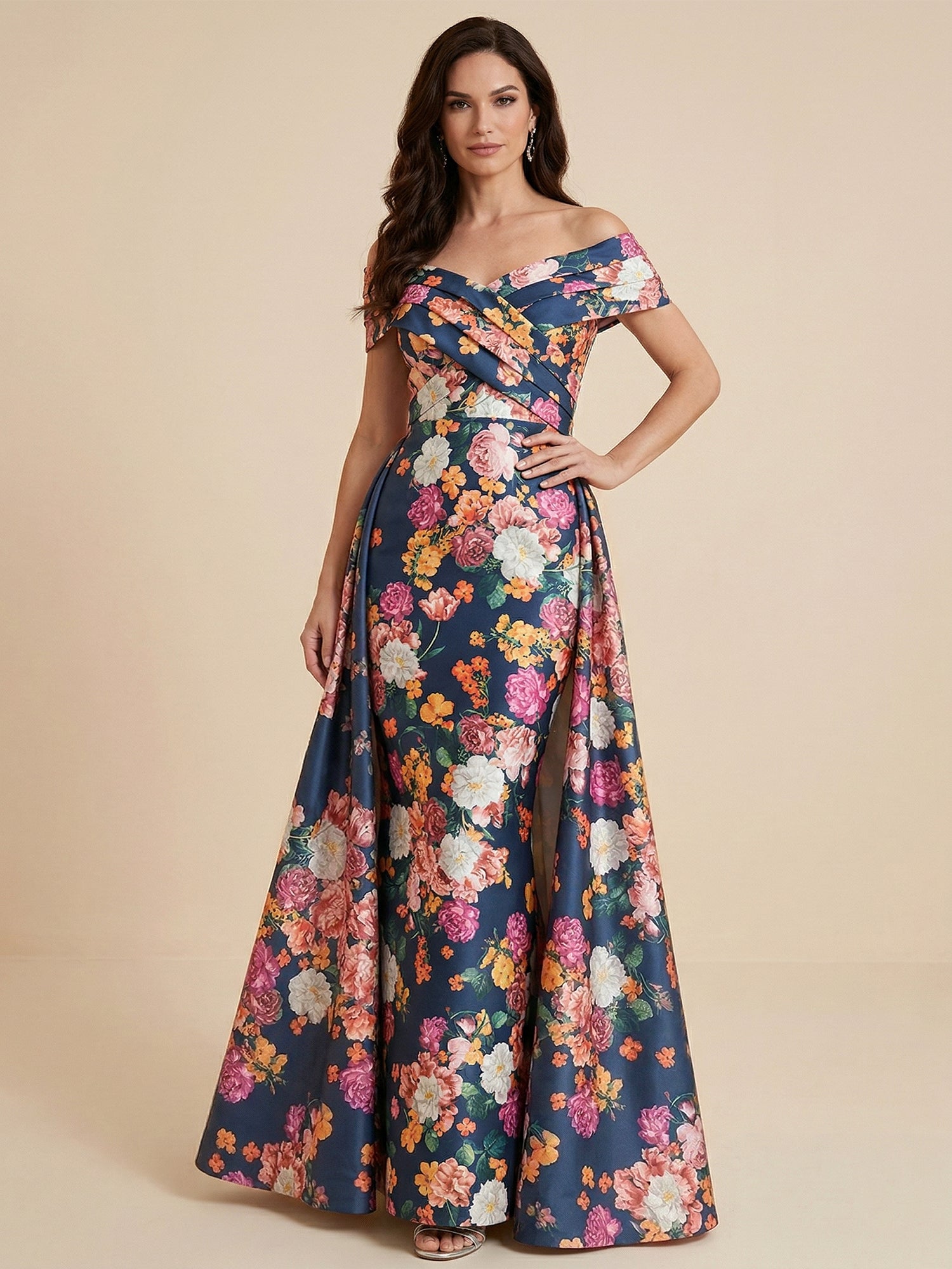 Off the Shoulder Print Floral Satin Mother of the Brides dress with Slit
