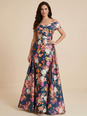 Off the Shoulder Print Floral Satin Mother of the Brides dress with Slit