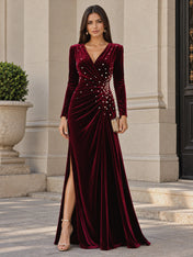 V-Neck Pearl Ruched Burgundy Velvet Floor-Length Evening Dresses with Long Sleeves