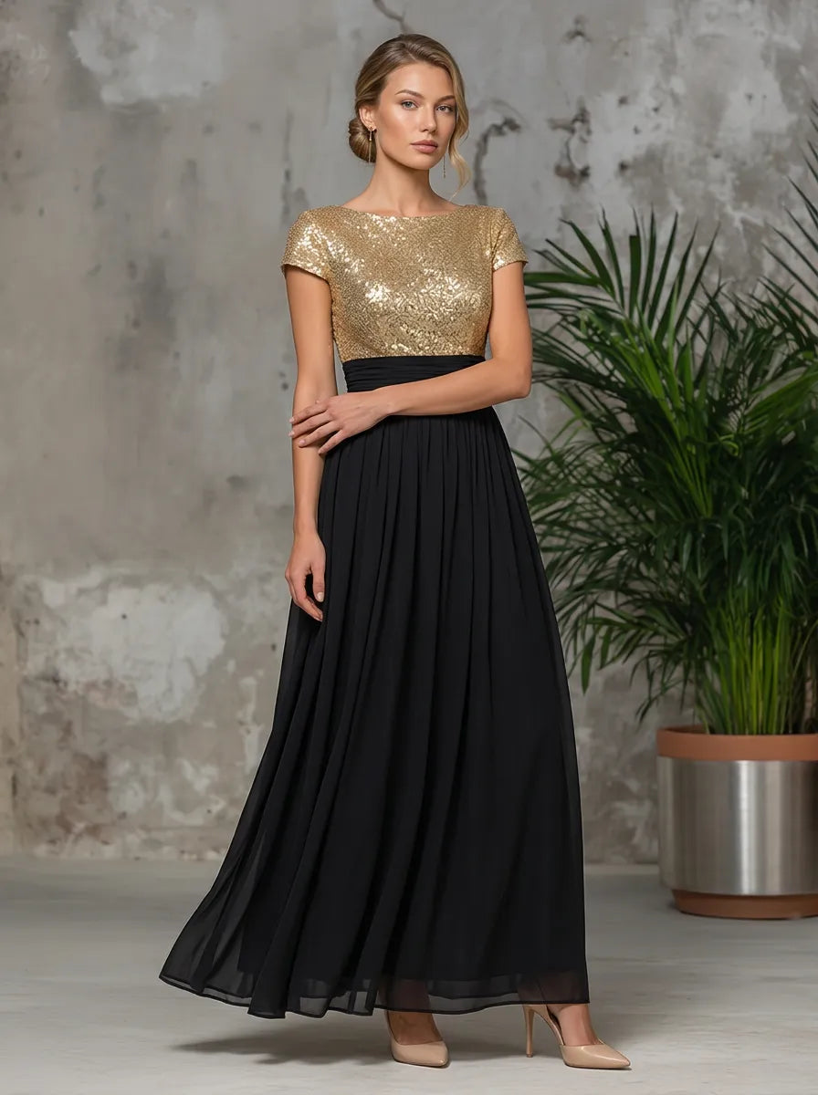 Elegant Sequin Bodice A-Line Evening Dress with Short Sleeves and Flowing Chiffon Skirt