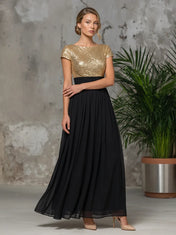 Elegant Sequin Bodice A-Line Evening Dress with Short Sleeves and Flowing Chiffon Skirt