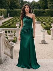 Emerald Green One-Shoulder Floral Applique Satin Evening Dress