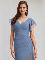 Slate Blue Chiffon A Line V Neck Floor Length Bridesmaid Dress With Ruffle