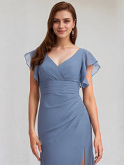 Slate Blue Chiffon A Line V Neck Floor Length Bridesmaid Dress With Ruffle