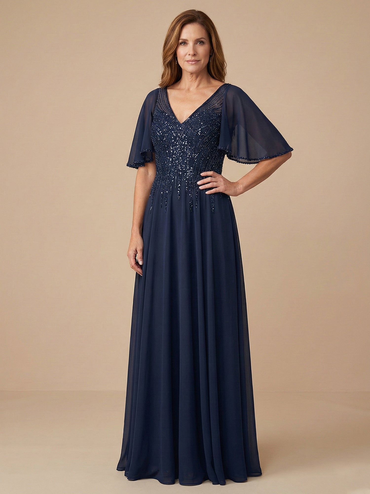 Flare Sleeves Sparky Sequins A Line Chiffon Mother of the Brides Dresses