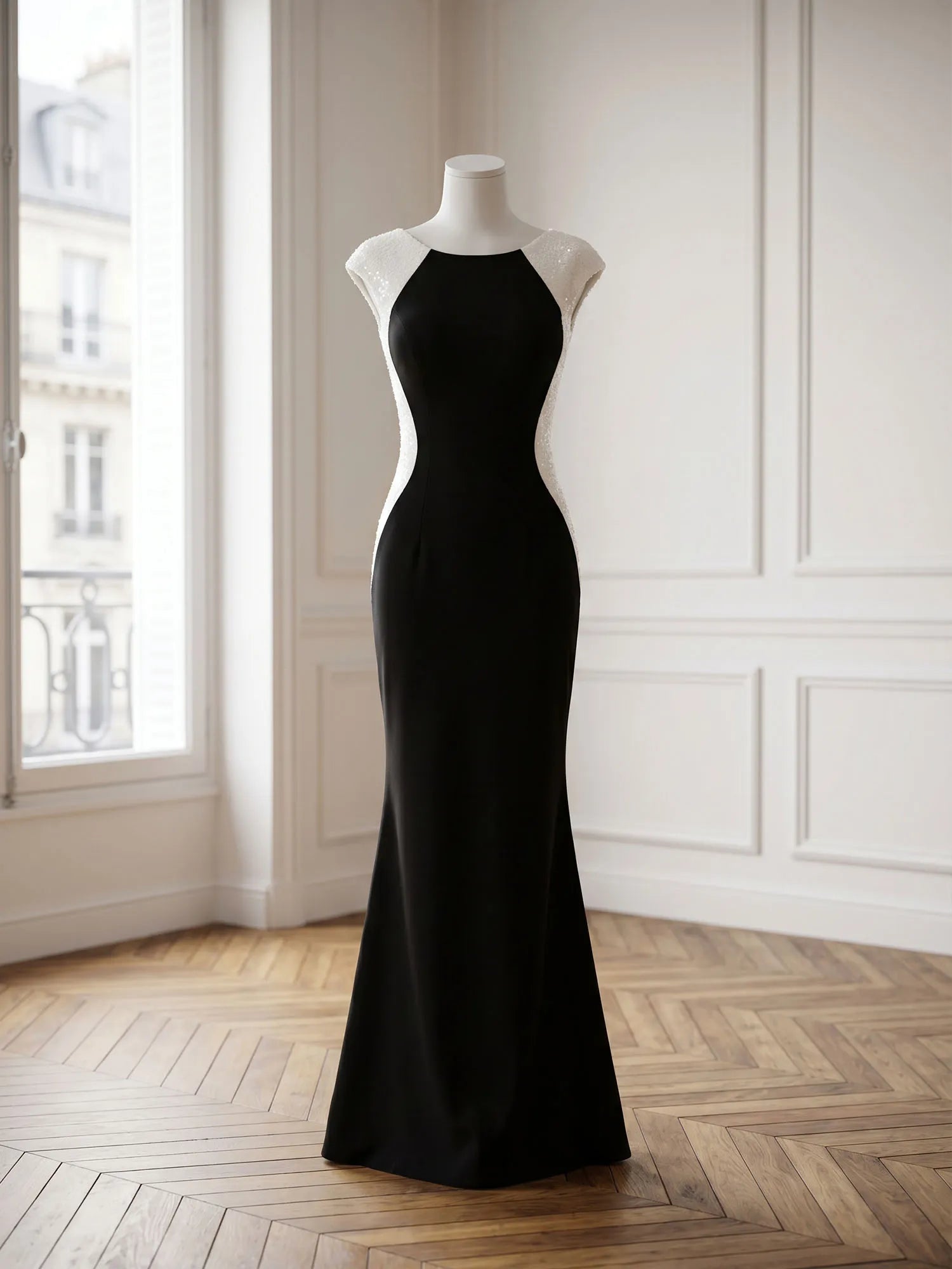 High Neck Cap Sleeve Sequin Contrast Mermaid Evening Gown