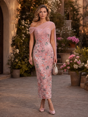 Dusty Pink One-Shoulder Draped Ankle-Length Sequin Velvet Cocktail Dress