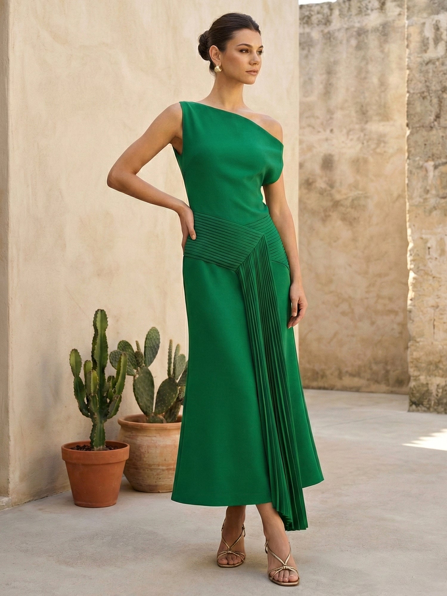 Green One Shoulder Tea Length Satin Evening Dress with Pleat