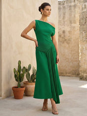 Green One Shoulder Tea Length Satin Evening Dress with Pleat