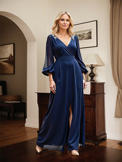 Navy A Line Long Sleeves Long Mother of the Bride Dress with Slit