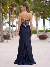 Strapless Crystal-Embellished Corset Satin Prom Dress with High Slit