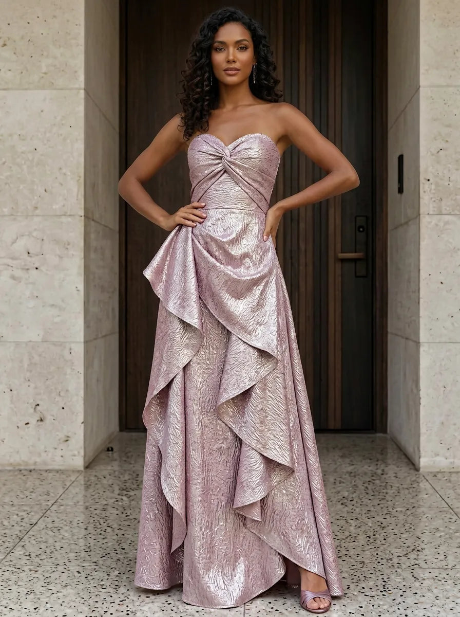 Dusty Rose Strapless Metallic Brocade Ruffled Evening Dress