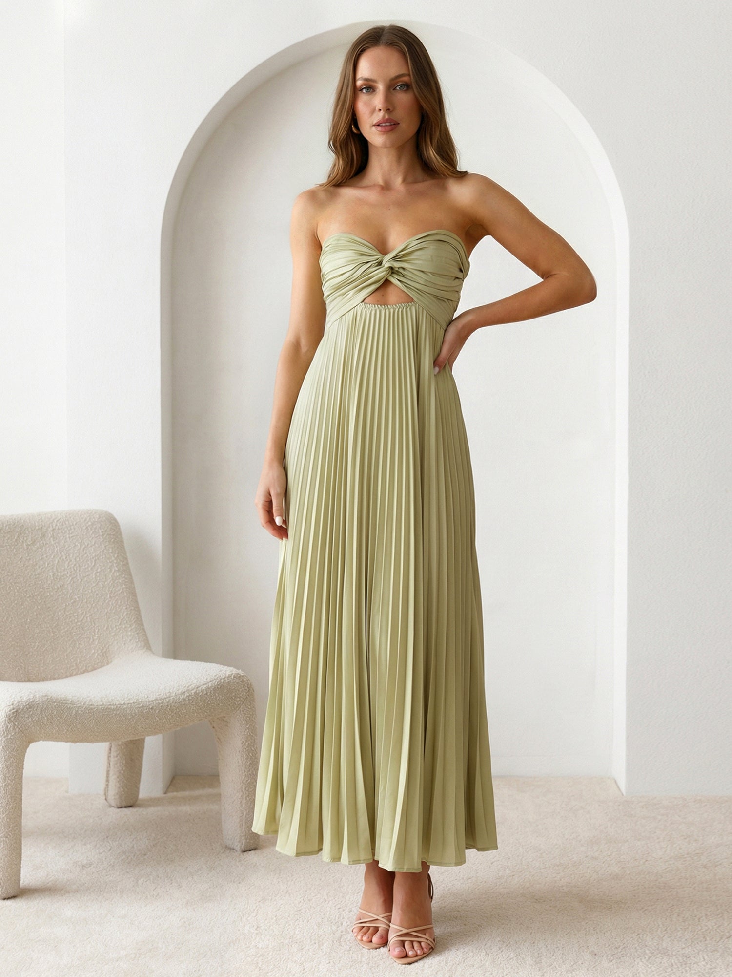 Sage Sweetheart Satin A Line Pleat Maxi Dresses Hollowed