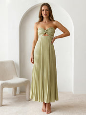 Sage Sweetheart Satin A Line Pleat Maxi Dresses Hollowed