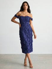 3D Floral Appliqué Off-Shoulder Midi Dress