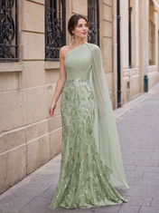 Sage Green One-Shoulder Ruched Sequin Lace Floor-Length Gown Dress
