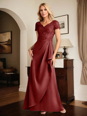 A Line Satin V Neck Short Sleeve Floor Length Dress With Appliques