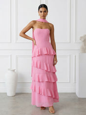 Hot Pink Strapless A Line Tiered Maxi Dresses with Scarf
