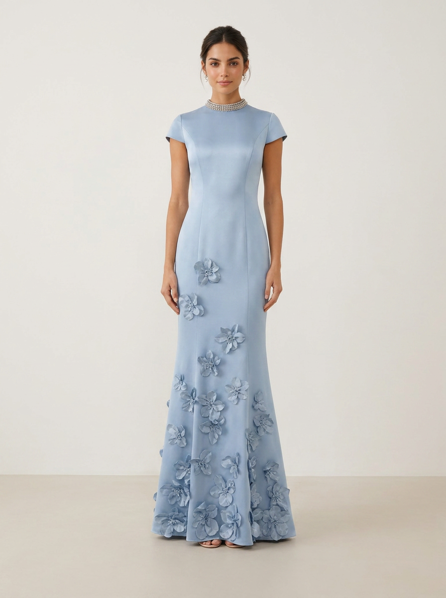 Pearl Beaded High-Neck Satin Floor-Length Evening Dresses with Cap Sleeves and 3D Flowers