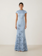 Pearl Beaded High-Neck Satin Floor-Length Evening Dresses with Cap Sleeves and 3D Flowers