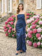 Strapless Cascading Ruffle Satin Column Evening Dress