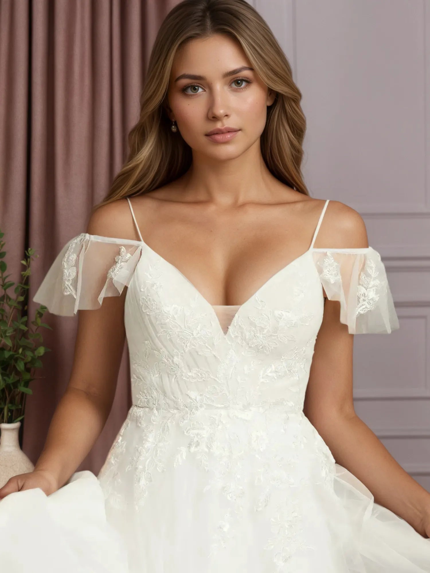 White A-Line V-Neck Sleeveless Sequins Tulle Wedding Dress