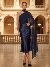 Navy Blue One Shoulder Chiffon Cape Midi Dress Satin Sheath Evening Gown