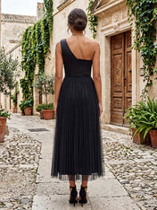One-Shoulder Bow-Embellished Pleated Midi Evening Dress