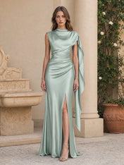 High-Neck Draped Cape Sleeve Satin Evening Dress