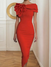 Red 3D Floral Boat Neck Short Sleeve Sheath Midi Dress
