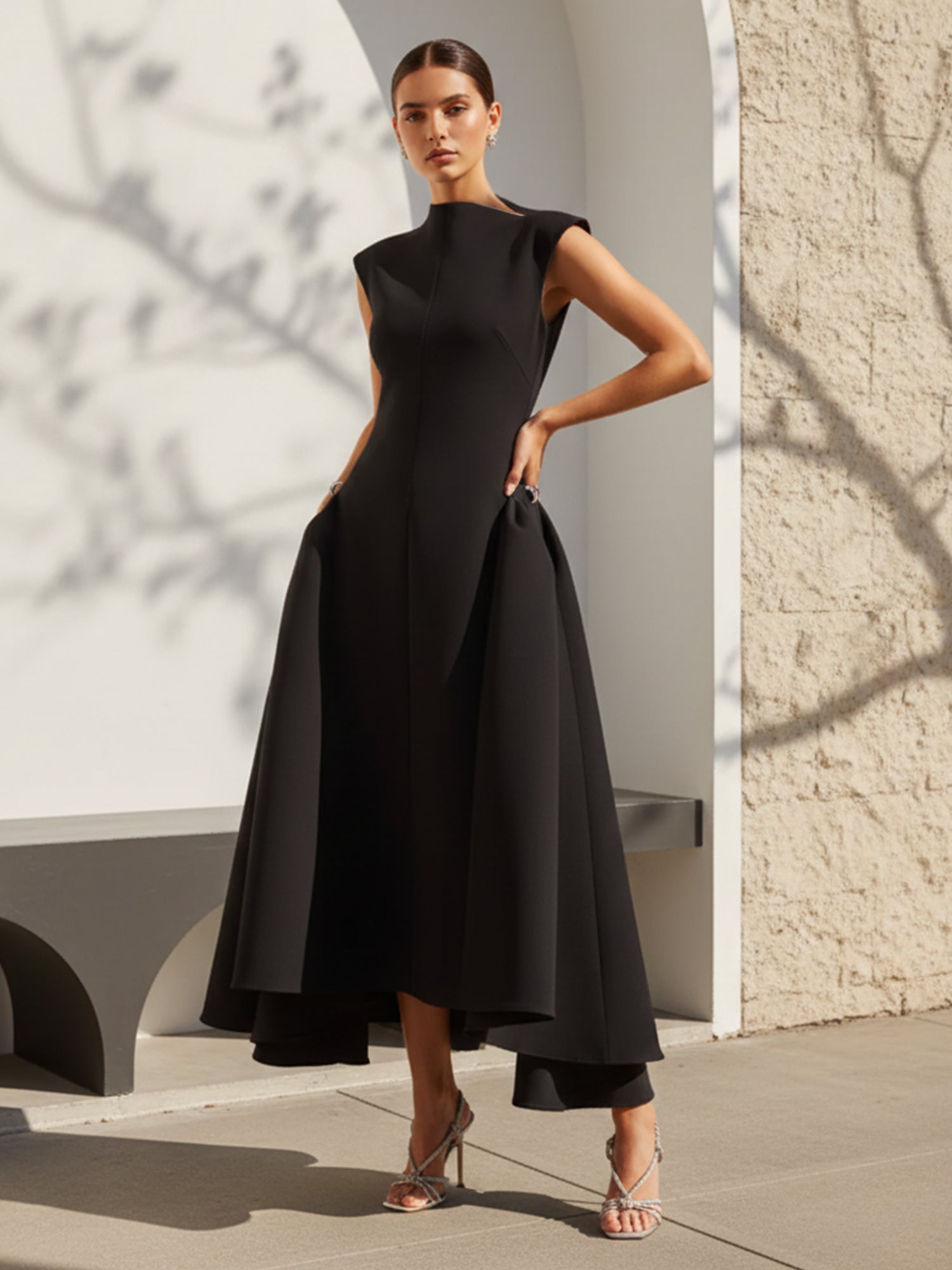 Black O Neck High Low A Line Satin Evening Dress
