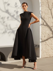 Black O Neck High Low A Line Satin Evening Dress