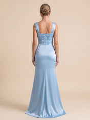 Square-Neck Ruched Bodice Satin Mermaid Evening Dress with Thick Straps
