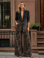 Gradient Leopard Print Blazer and Wide-Leg Pants Set