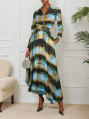 Blue Shirt Dress Shirt Collar Long Sleeve A-Line Maxi Dress