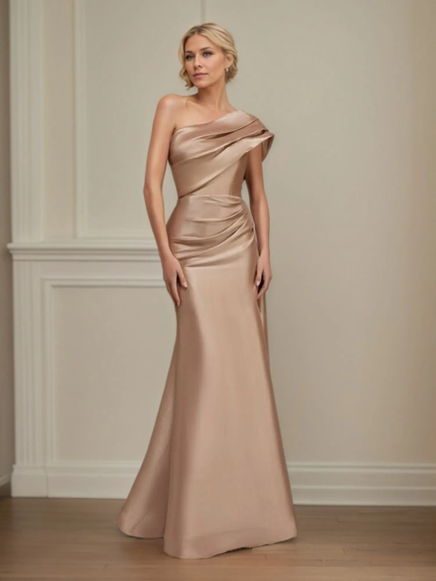 Mermaid One Shoulder Sleeveless Satin Mother of the Bride Dress With Ruched