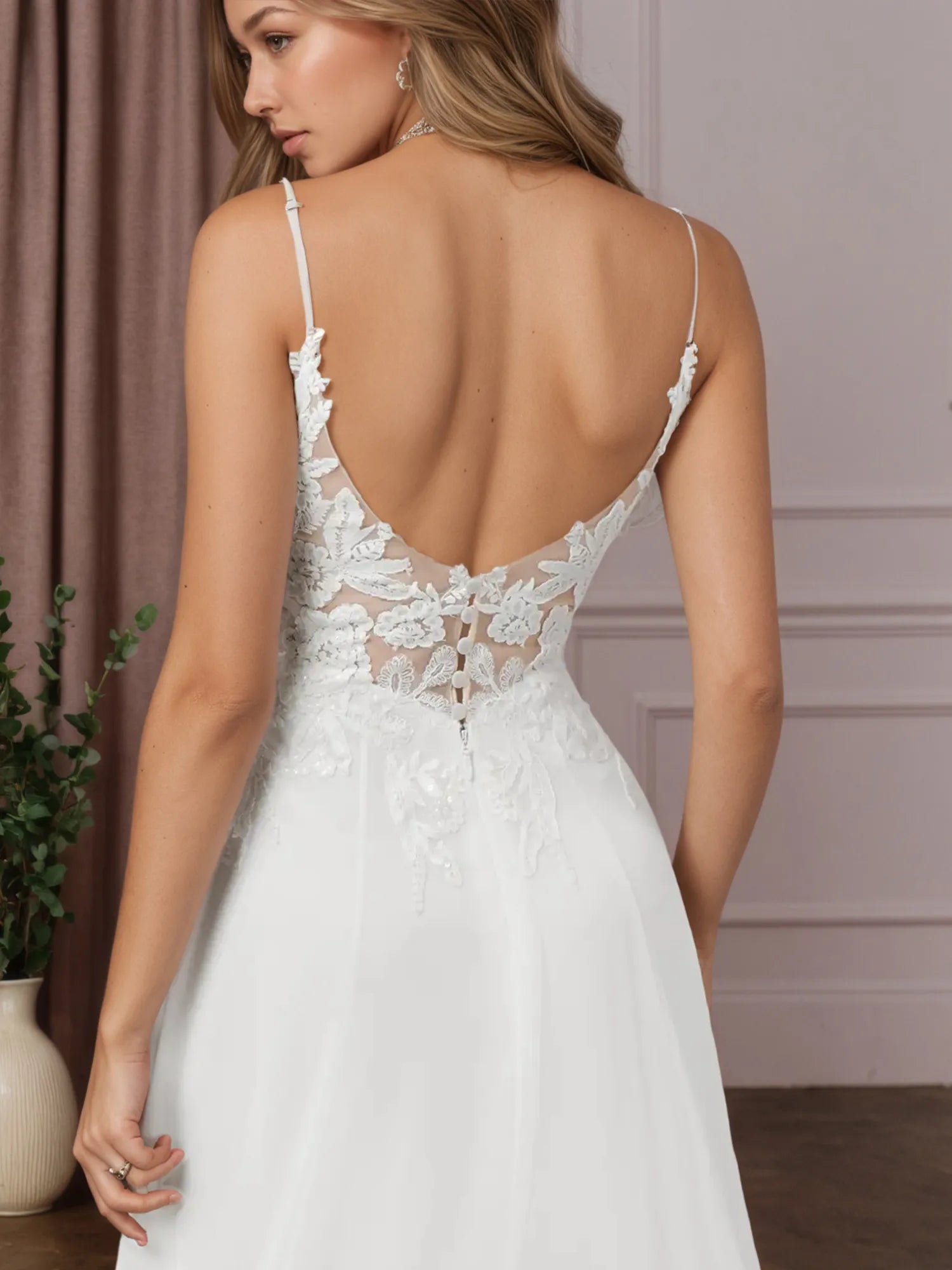 White A-Line V-Neck Sleeveless Sequins Chiffon Wedding Dress