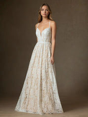 White Champagne A-Line Lace Wedding Dress