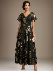 Black A-line V-Neck Ankle-Length Chiffon Mother of the Bride Dress With Cascading Ruffles