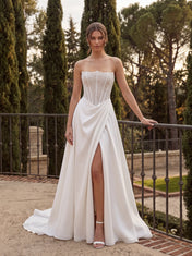 Strapless Beaded Corset High Slit A-Line Satin Wedding Dress
